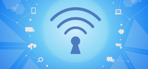 Wi-Fi connectivity emanates from a lock icon, surrounded by symbols representing different facets of the internet of things. Banner illustration by Changwha Kyung 