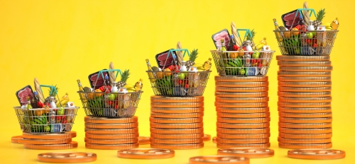 Illustration showing grocery baskets of food on top of increasingly taller piles of coins