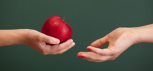 A child's hand gives an apple to an adult's hand