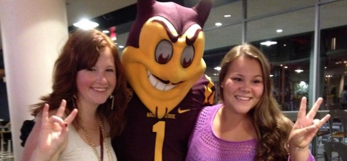 Josie Lamp and Megan Hiestand with ASU mascot Sparky