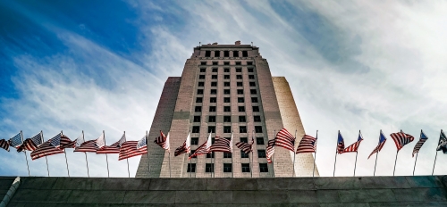 Exterior view of the Los Angeles City Hall building.