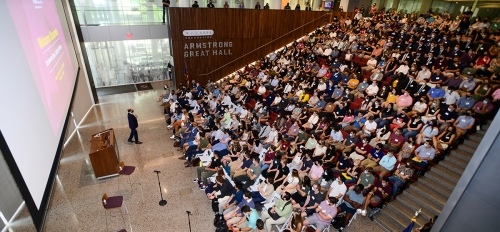Photo of ASU Law Co-Interim Dean Zachary Kramer speaking to first-year law students at fall 2021 orientation