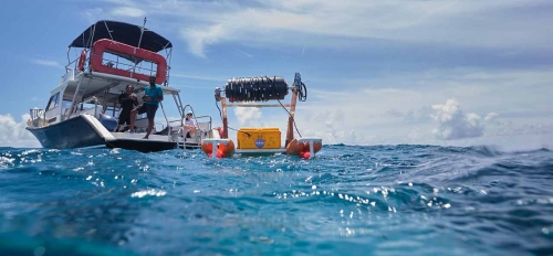 ASU alumnus and student stand on a boat and launch aquatic robot