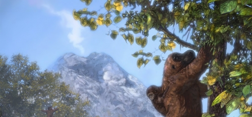 Artist-drawn image of prehistoric apes climbing a tree.