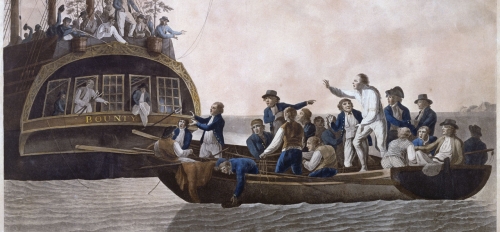 A painting of men in a small boat, looking toward people on a ship.