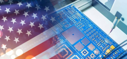 Collage of the image of an American flag and the image of a computer's motherboard.