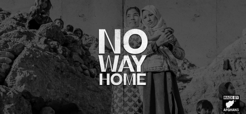 No Way Home podcast thumbnail with logo over image of group of Afghan natives near caves