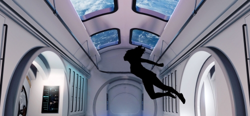 Illustration of a woman's silhouette floating in a space station.