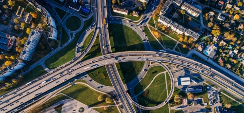 Aerial photo of highway interchange.