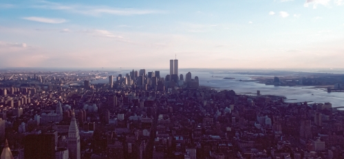 The Manhattan skyline before 9/11 with the World Trade Center visible