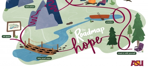 An illustration of rivers, mountains and forests, reading "the Roadmap to Hope."