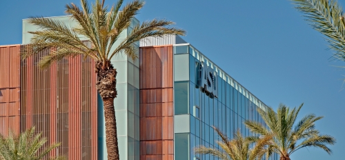 ASU's Health North Building with palm trees in the foreground and blue sky in the background