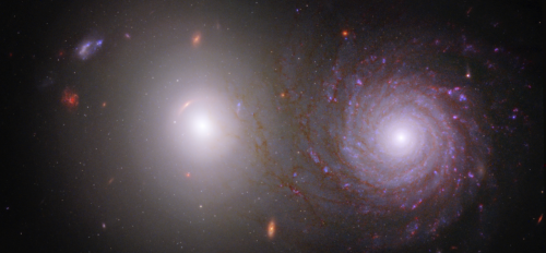 The majority of the image shows the black background of space. Two large, very bright galaxies dominate the center of the image. The elliptical galaxy at left is extremely bright at its circular core, with dimmer white light extending to its transparent c