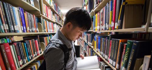 A student looks at book in Hayden Library bookshelves