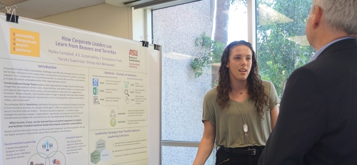 Sustainability student Hailey Campbell presents her research at the Student Showcase in Spring 2019.