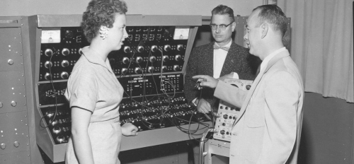 ASU Archival photo shows late ASU engineering professor George Beakley Jr in center