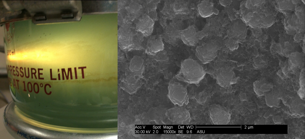 Experimental simulation of early Earth seawater (left). Precipitated green rust minerals magnified with the electron microscope (right).