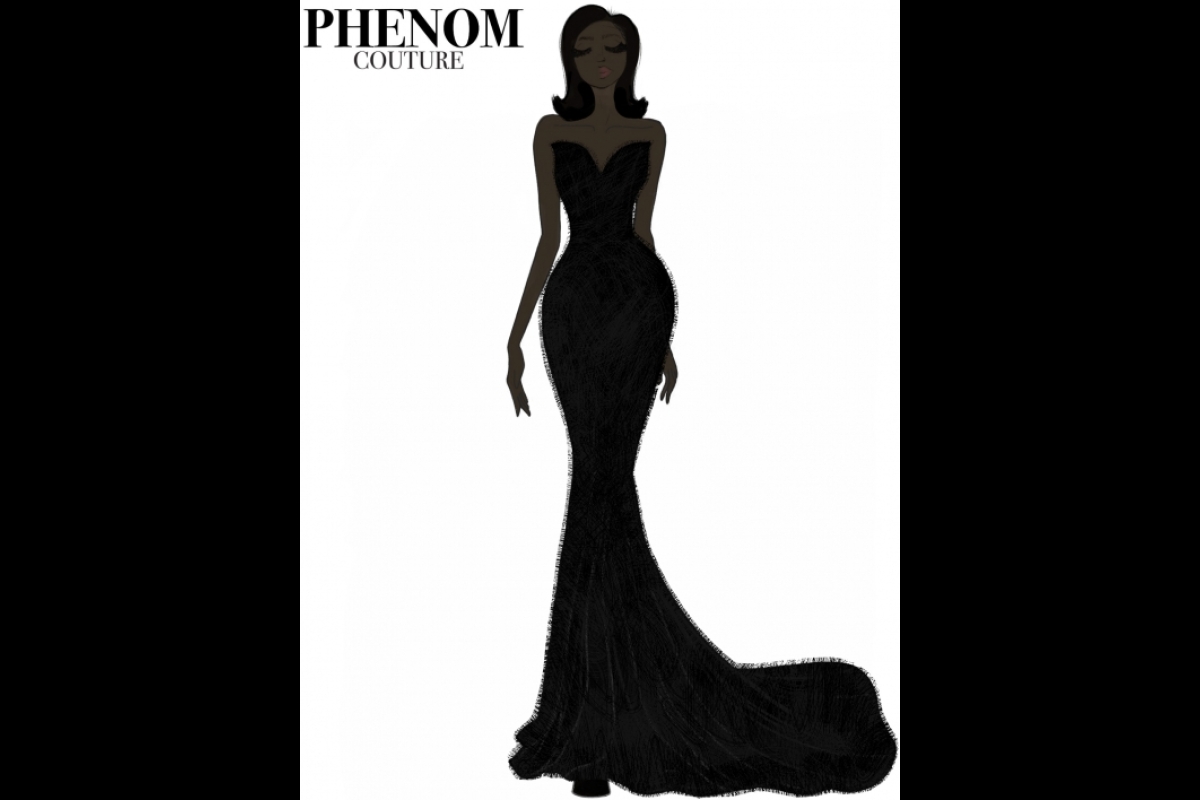 A sketch of a woman wearing a dress with the PHENOM Couture brand logo in the top left corner.