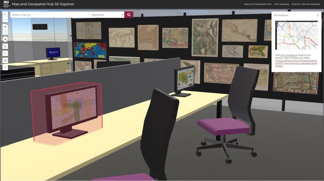A virtual rendition of the Map and Geospatial Hub with desks, chairs and maps on the walls