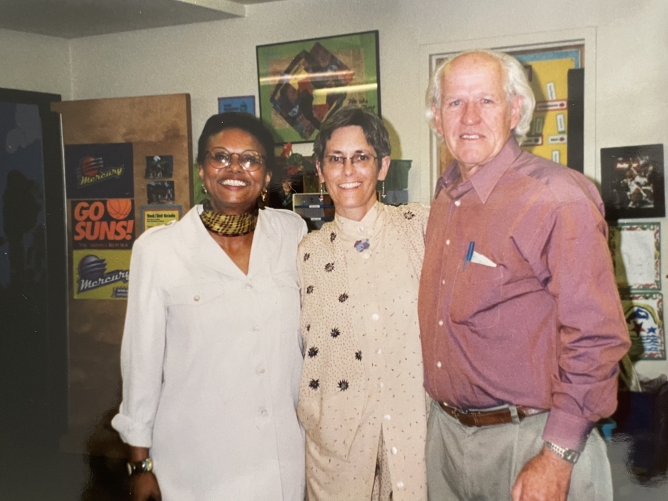 The late ASU Professor Elsie Moore poses with colleagues at Awakening Seed School in Phoenix.