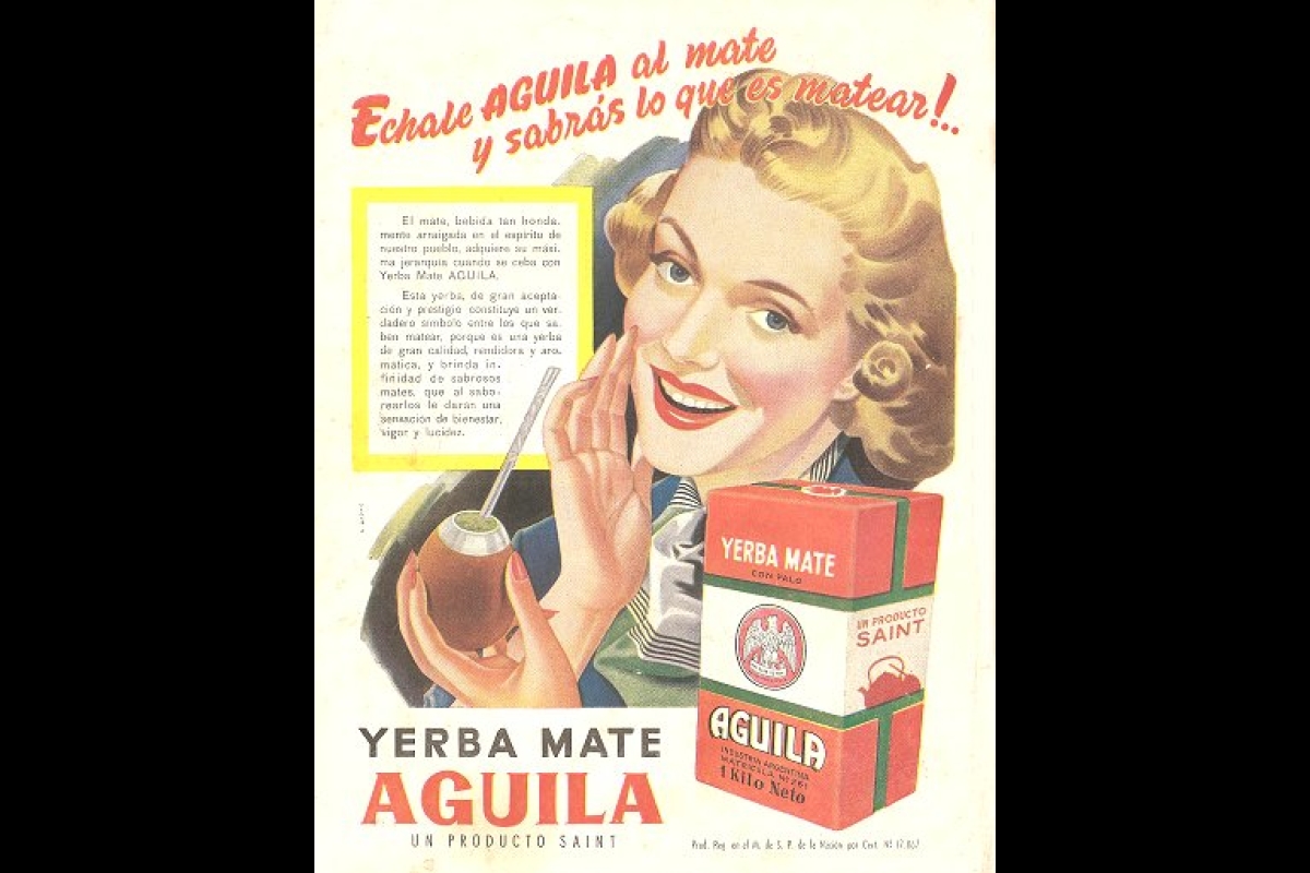 A 1953 advertisement for the Aguila brand of yerba mate showing a woman holding the drink.