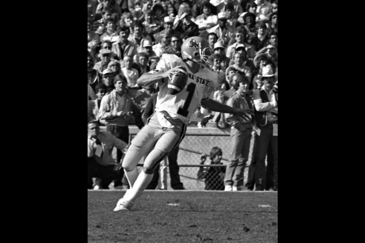 Sun Devils 1982-83 quarterback Todd Hons about to throw a football during the Fiesta Bowl.