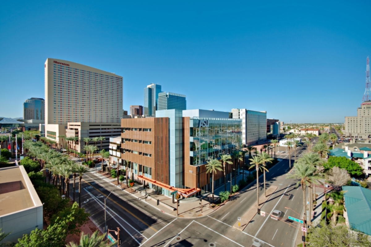 Aerial view of an intersection showing an ASU building in downtown Phoenix