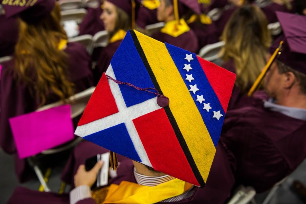 graduation cap displaying Dominican Republic and Venezuelan flags