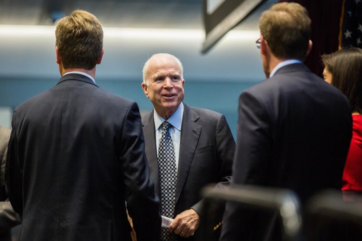 Sen. John McCain gets ready to speak at the opening of the Beus Center for Law and Society
