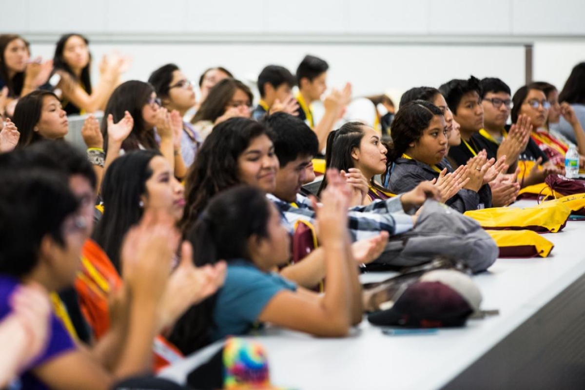 Students applaud Indian Legal Program director Kate Rosier’s presentation about the program’s work, during ASU's Inspire Program for Native high school students.