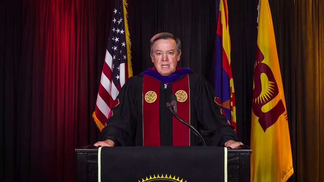 Screenshot of President Crow addressing the virtual commencement