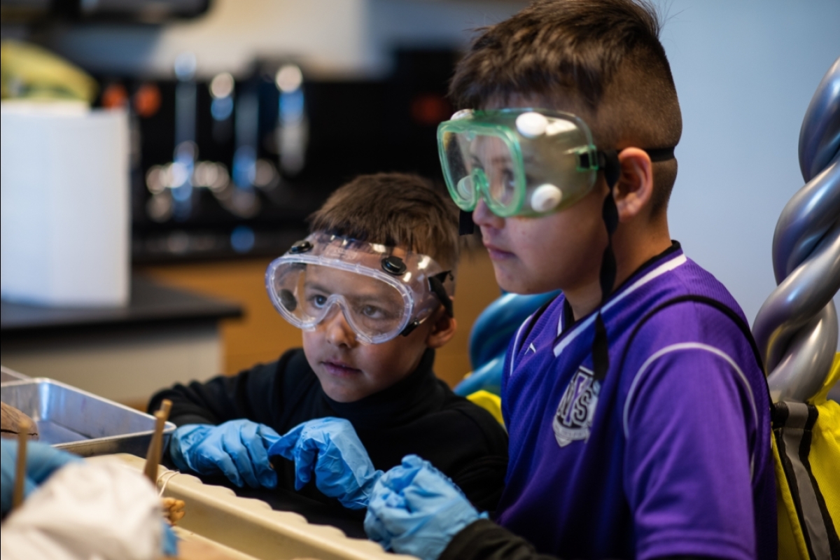 two boys in safety goggles and blue surgical gloves learn about organs