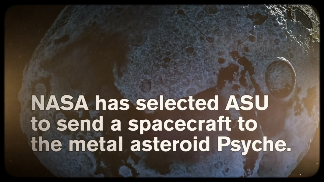 A screenshot of a video with text about the NASA Psyche mission