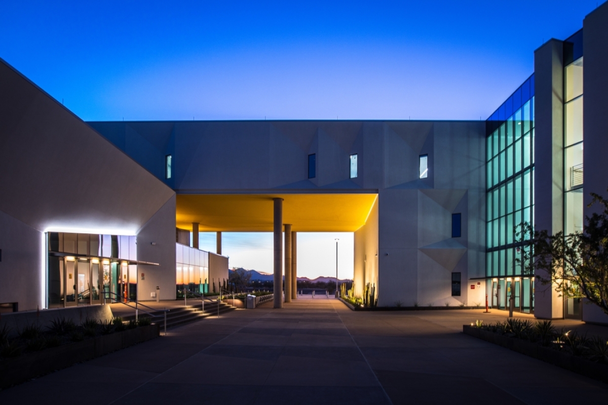 Exterior of the new Health Futures Center at sunset
