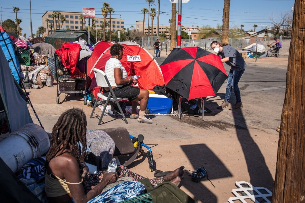 A view of a tent city and its homeless population
