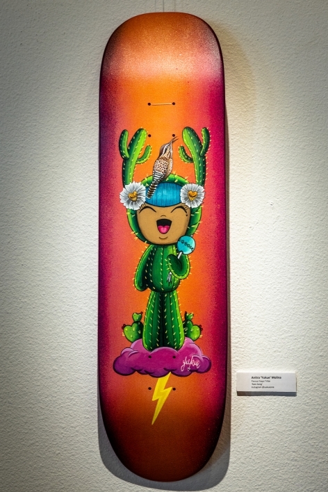 Skateboard painted with an image of a cactus with a smiling face. The cactus stands on a cloud with a lightning bolt and a bird sits on the cactus' head.