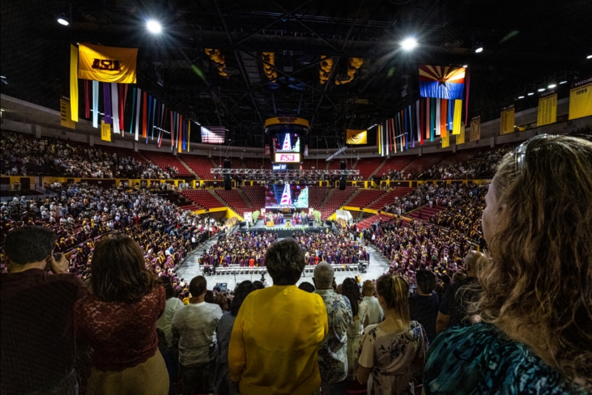 View of audience at Graduate Commencement in Desert Financial Arena