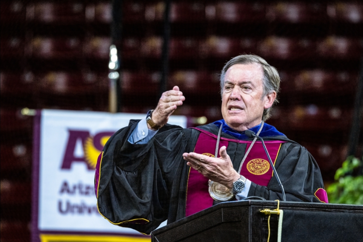 ASU President Crow speaking at Graduate Commencement