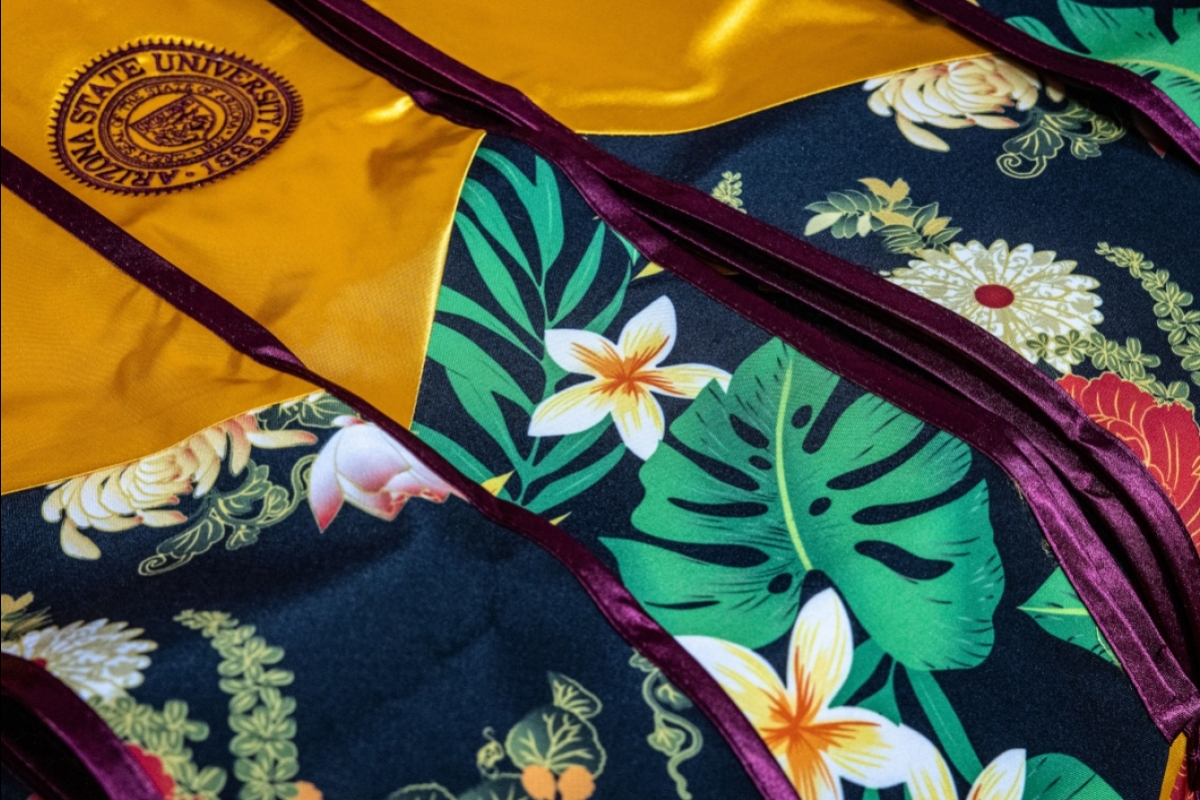 Graduation stoles made with tropical floral fabrics