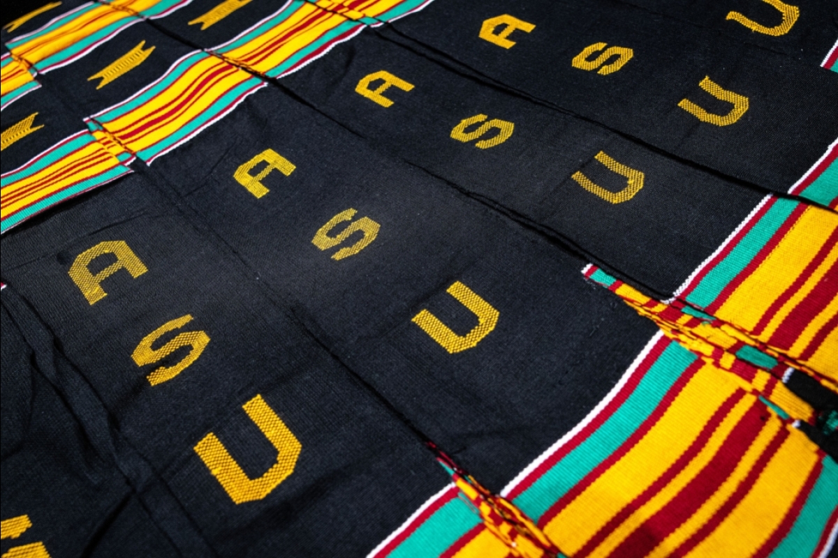 Graduation stoles in traditional African colors and patterns with the letters ASU