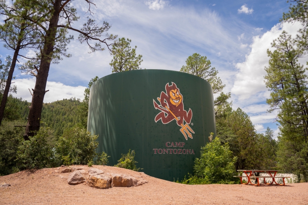 A water tank with an ASU Sparky painted on it