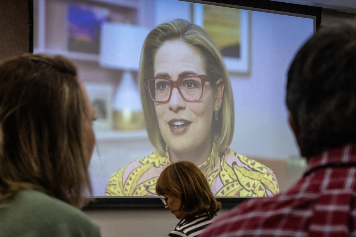 Woman speaking to conference on screen via webcast