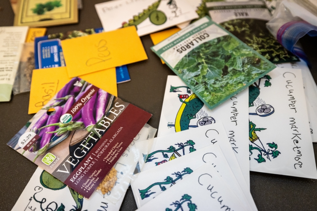 Seed packets and labels strewn on table