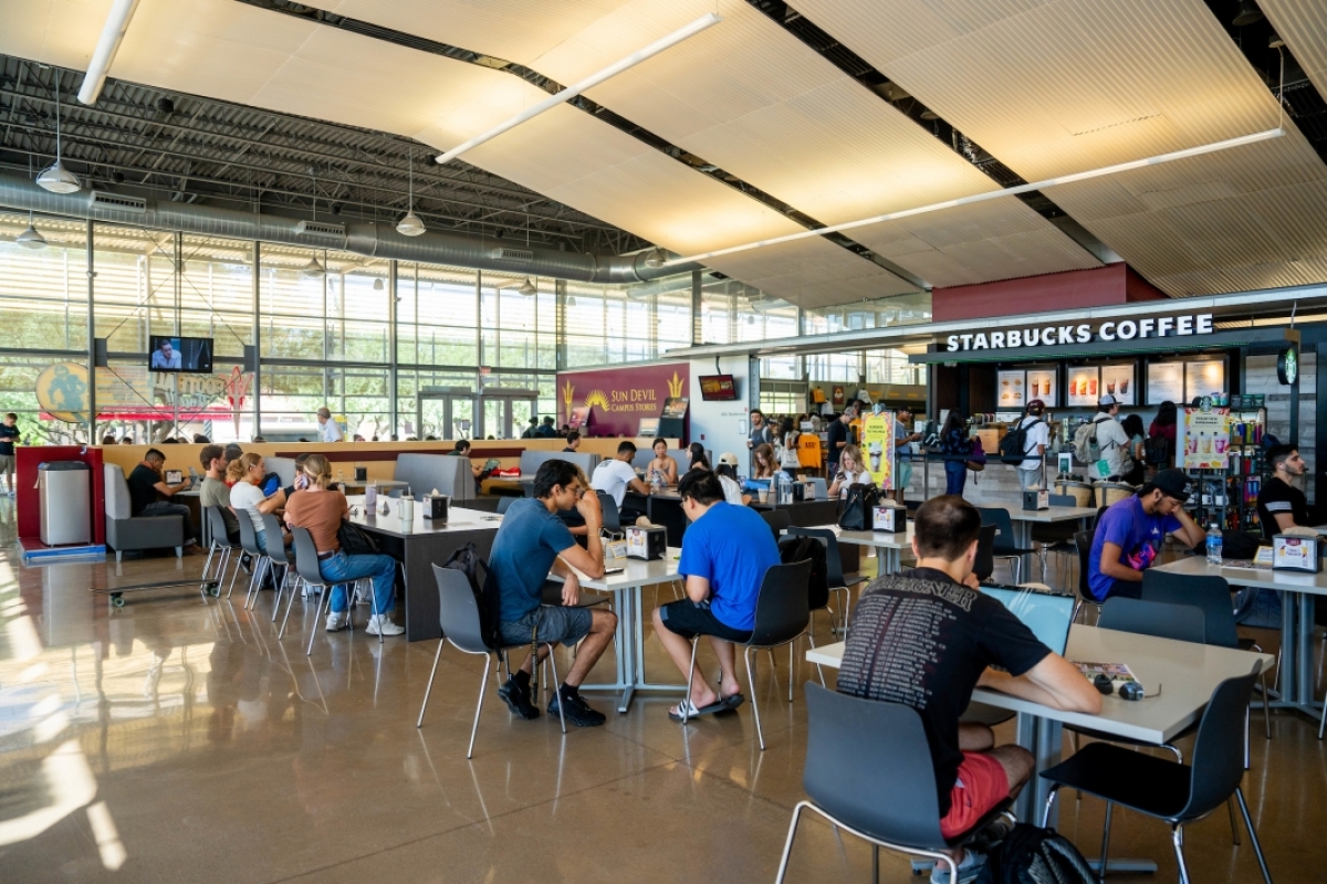 Students eat in the Polytechnic Student Pavilion