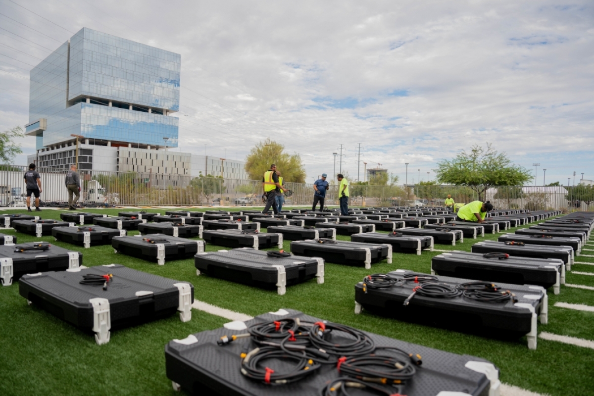 Rows of drone launch pads on a football field