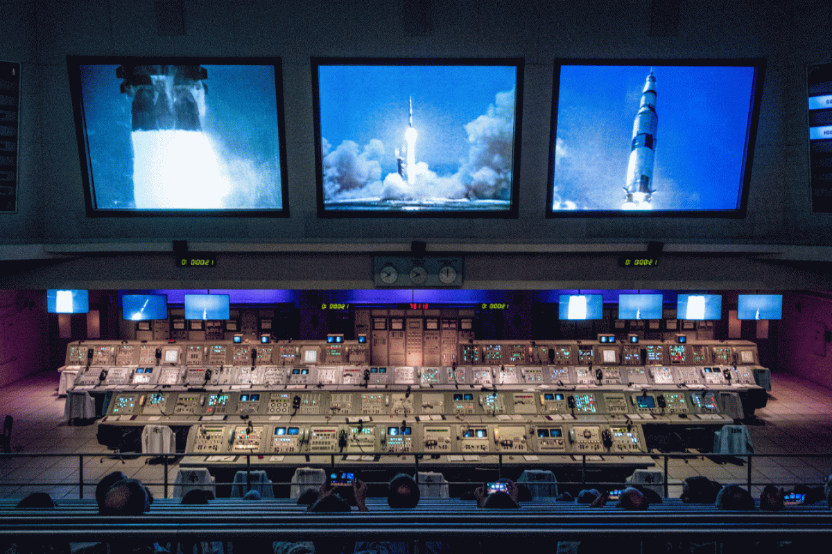 A recreated NASA control room