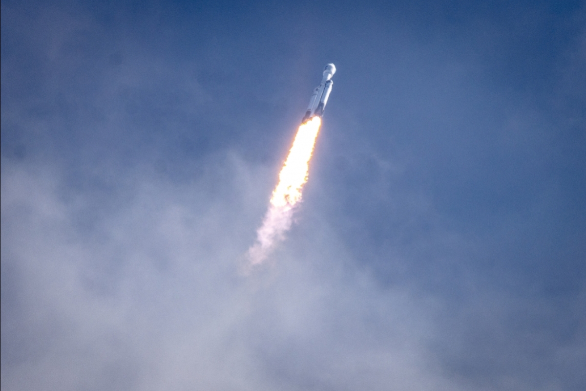 A rocket climbs through the atmosphere