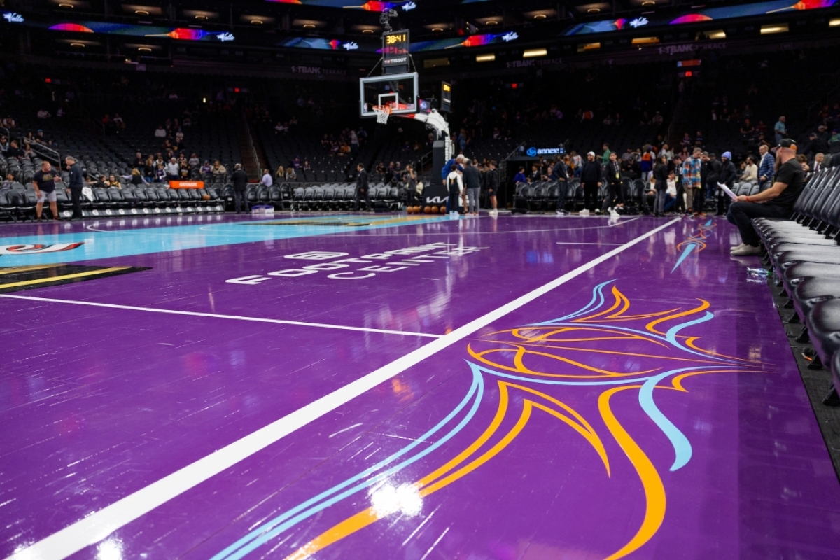 Purple basketball court with pin striping design