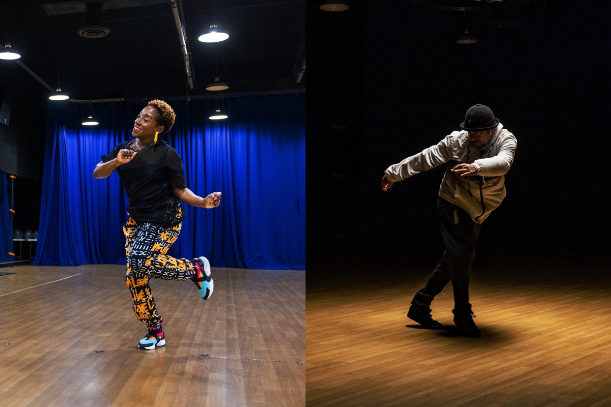 Collage of two Black people performing hip-hop dance.