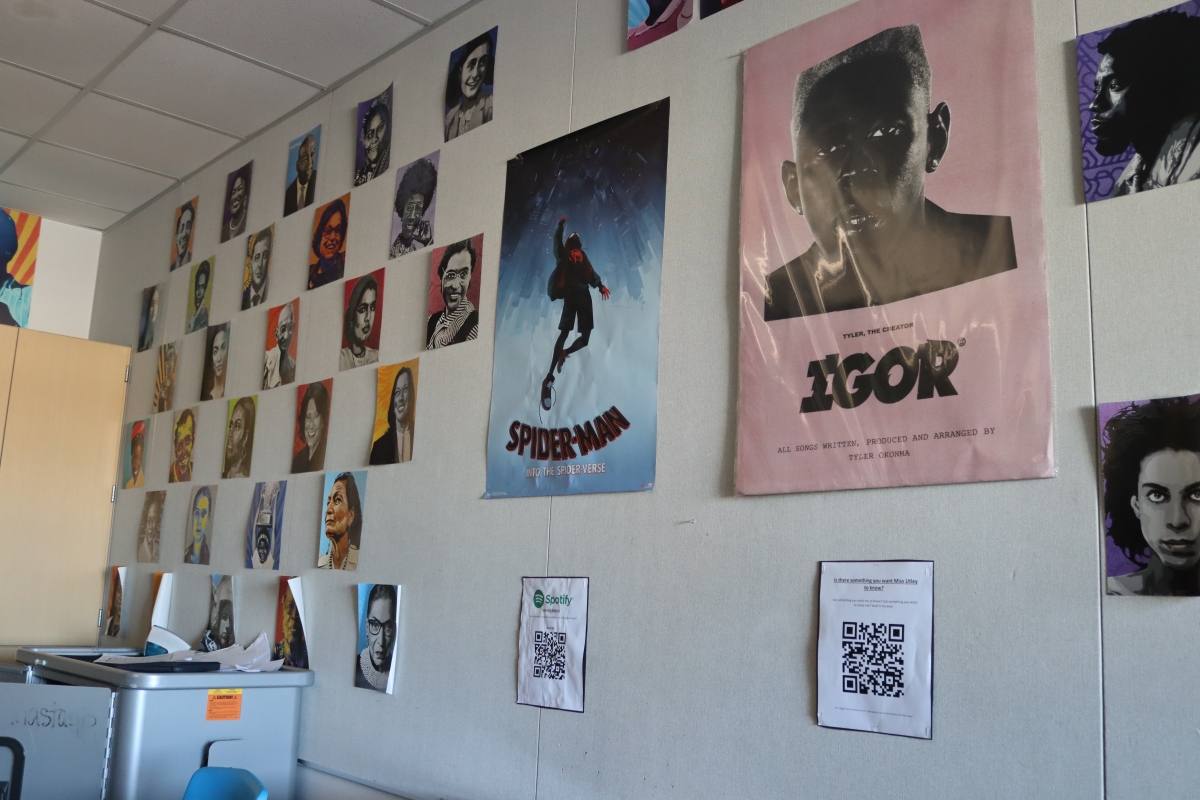 Posters covering a classroom wall.